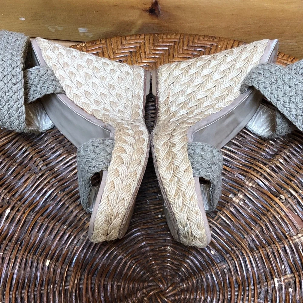 Stuart Weitzman Khaki Crochet Alex Ankle Halter Wrap Espadrille Wedge Sandal 8.5 - Picture 14 of 16